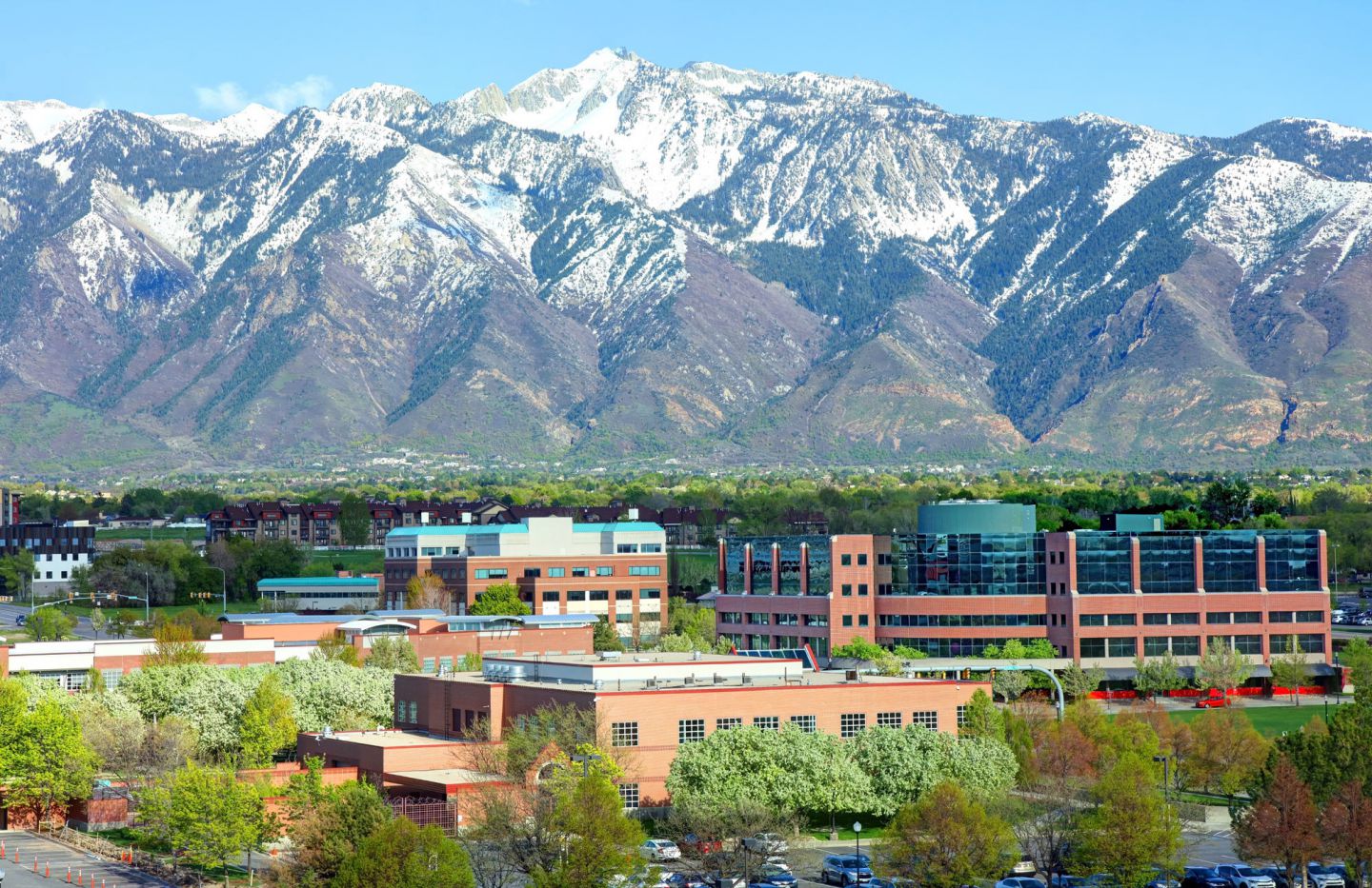 Sandy Utah buildings against Wasatch mountain range
